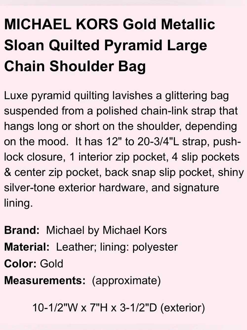 Michael Kors Metallic Gold Quilted Sloan Bag with Chain Strap